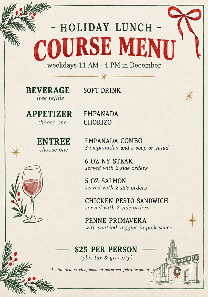 Holiday Lunch Course Menu — $25 per person, weekdays 11am-4pm in December